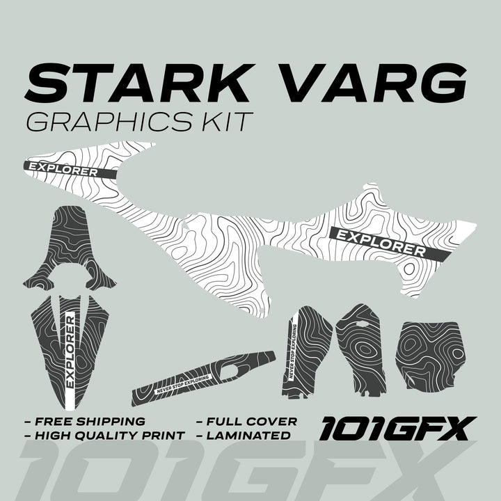 Stark Varg Graphics Kit EXPLORER WHITE GREY Decals, featuring topographic-contour patterns and slogans, emphasizing durability, easy application, and premium quality for enhancing vehicle aesthetics.
