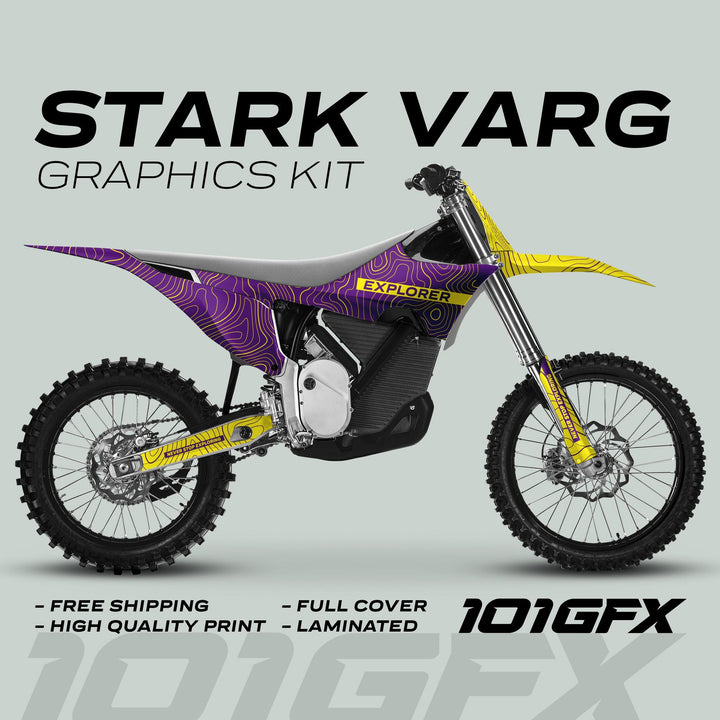 Stark Varg Graphics Kit EXPLORER PURPLE YELLOW on a dirt bike, showcasing topographic line design and decals, highlighting high-quality print and durability features.