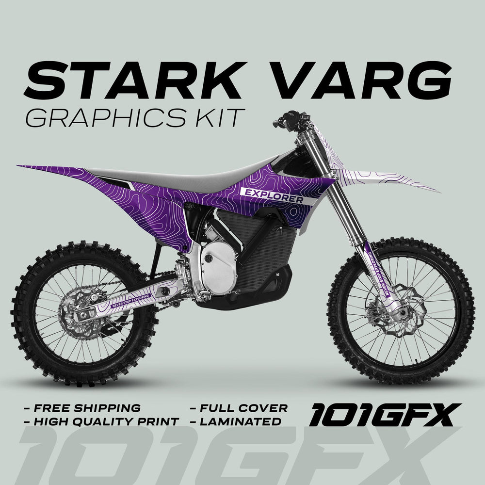 Stark Varg Graphics Kit EXPLORER PURPLE WHITE Decals feature a side-view dirt-bike with a topographic pattern, emphasizing high-quality, full-cover, laminated design.