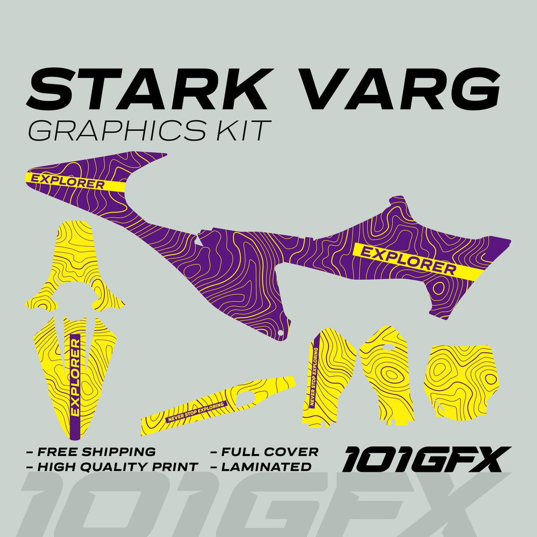 Stark Varg Graphics Kit EXPLORER PURPLE YELLOW decals with topographic lines, showcasing bold branding and features like free shipping and high-quality laminated prints.