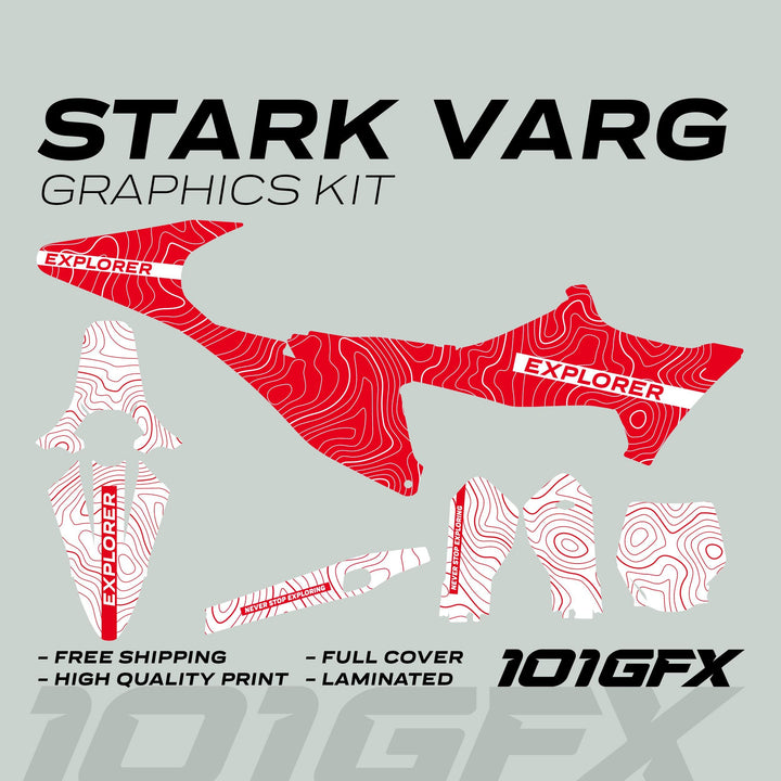Stark Varg Graphics Kit EXPLORER RED WHITE Decals Stickers featuring topographic lines, labeled parts, and NEVER STOP EXPLORING tagline for dirt-bike customization.