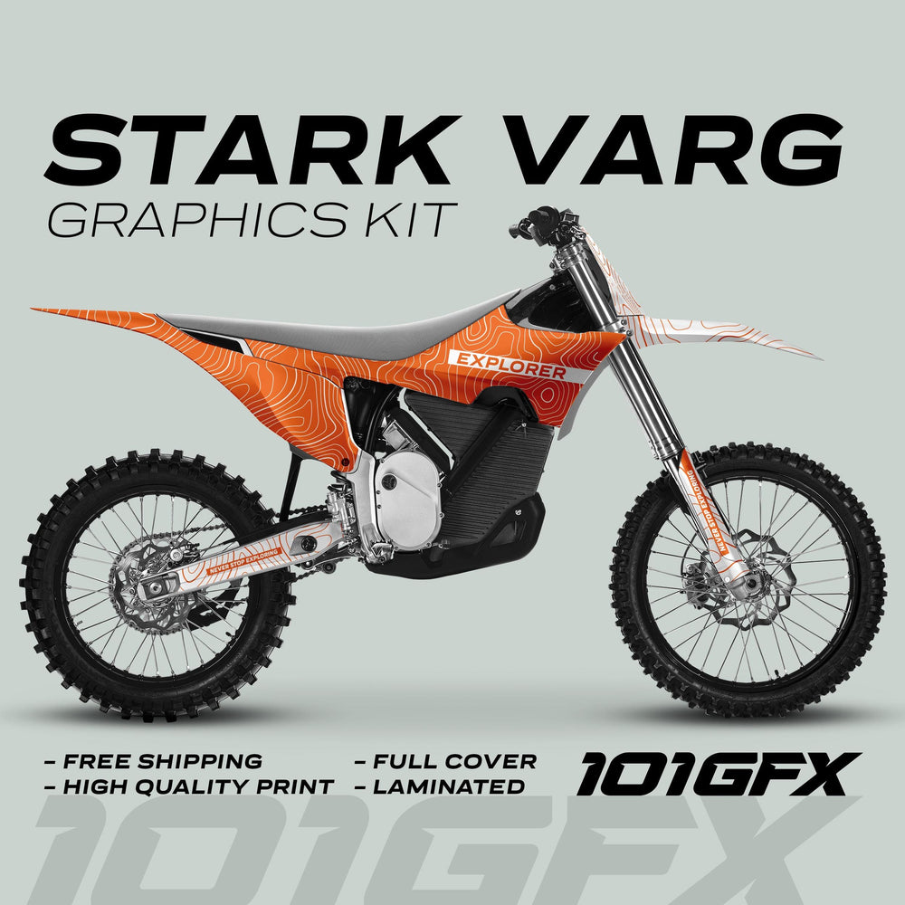 Stark Varg Graphics Kit EXPLORER ORANGE WHITE features topographic contour lines on a motocross bike, highlighting high-quality print, full cover, and laminated finish.