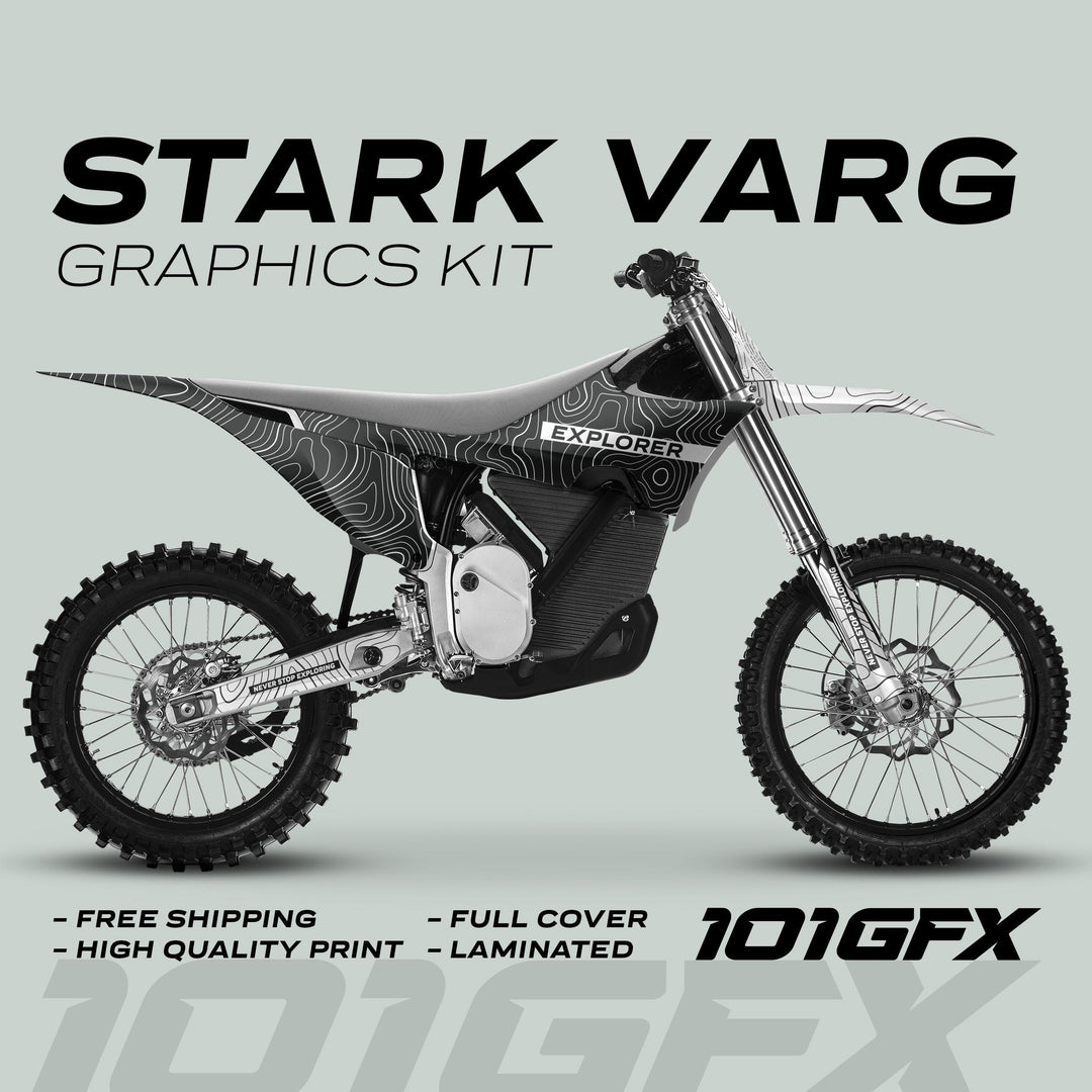 Stark Varg Graphics Kit EXPLORER GREY WHITE Decals Stickers on a motocross bike, showcasing topographic-line design with features like free shipping and high-quality print.