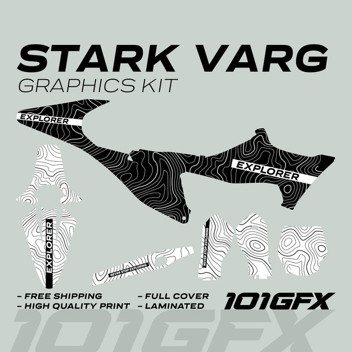 Stark Varg Graphics Kit EXPLORER BLACK WHITE Decals: black and white topographic-patterned die-cut decals with EXPLORER and slogan, showcasing durability and easy application for vehicles.