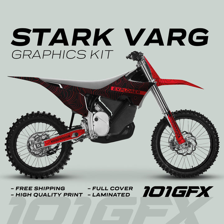 Stark Varg Graphics Kit EXPLORER BLACK RED, featuring red-black topographic lines and Explorer text, with benefits like free shipping and high-quality print displayed.