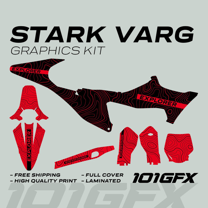 Stark Varg Graphics Kit EXPLORER BLACK RED, featuring topographic patterns, red EXPLORER bands, and NEVER STOP EXPLORING text, ideal for customizing dirt bikes.