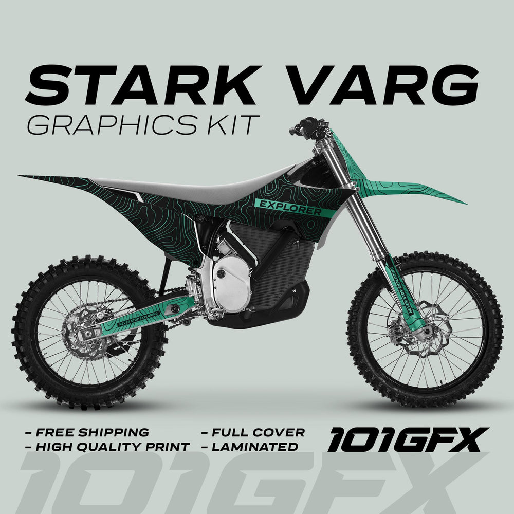 Stark Varg Graphics Kit EXPLORER BLACK MINT Decals Stickers on bike, showcasing full-coverage, high-quality, laminated teal-and-black topographic design with selling points and 101GFX branding.