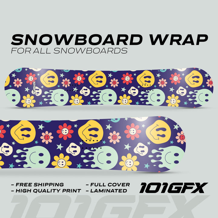 Snowboard Wrap SMILEY decals with playful smiley faces, floral patterns, and stars on snowboards; includes features like full cover and laminated finish.