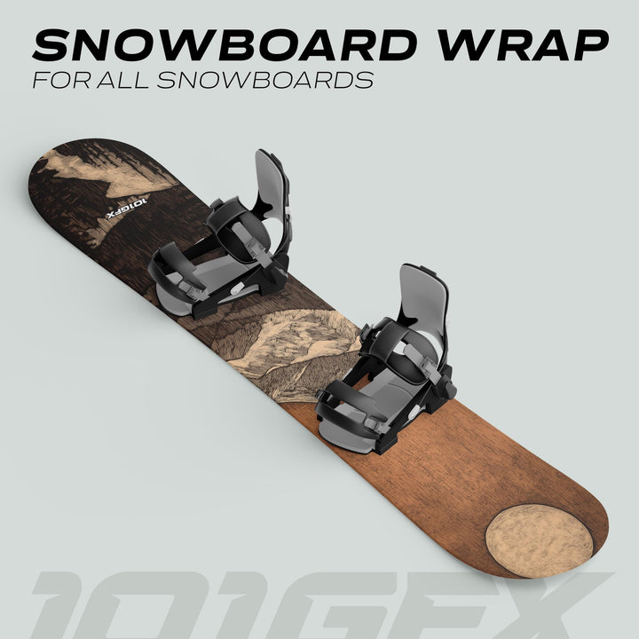 Snowboard with bindings featuring Snowboard Wrap WOODCUT MOONLIGHT, showcasing a wood-grain-style vinyl graphic, enhancing design and protection against scratches.