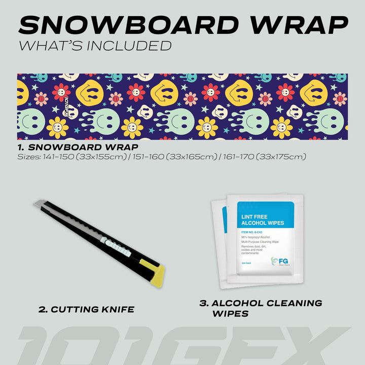 Snowboard Wrap SMILEY kit includes wrap for 141-170 cm boards, utility knife, and cleaning wipes for easy application and protection.