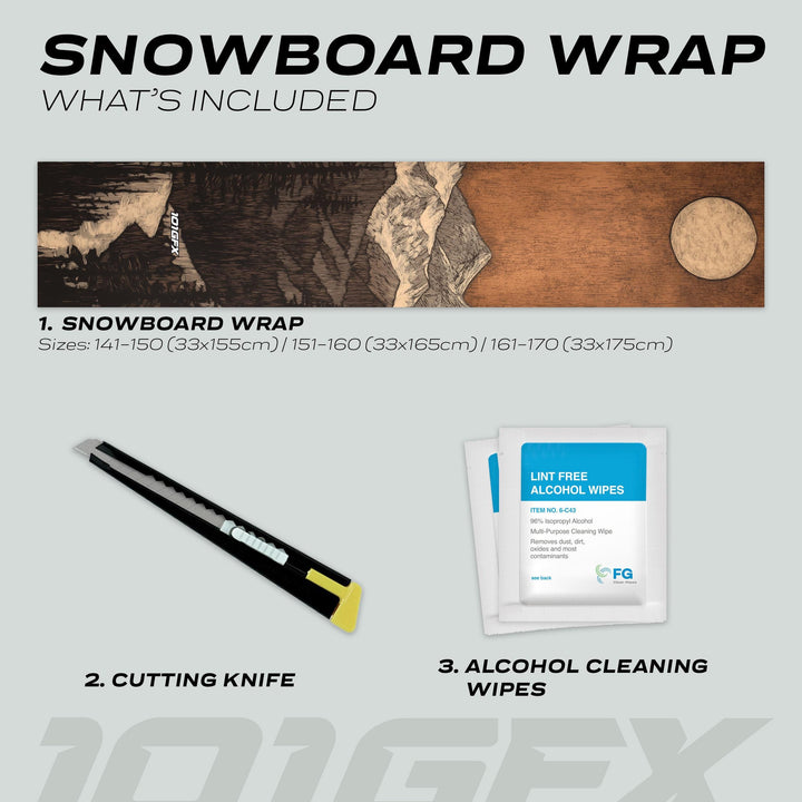 Snowboard Wrap WOODCUT MOONLIGHT kit includes wrap (three sizes), cutting knife, and lint-free alcohol wipes for prepping and applying the protective decals.
