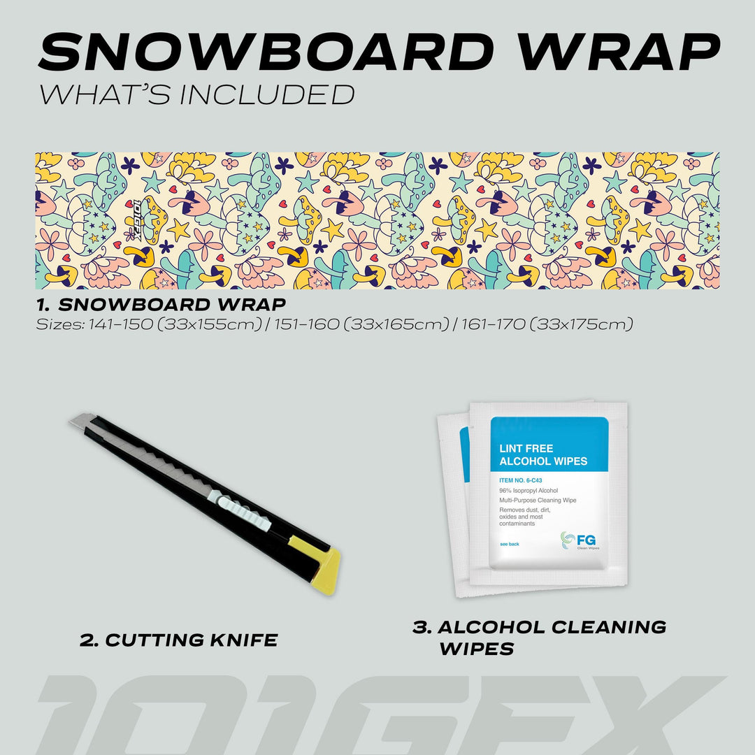 Snowboard Wrap MAGIC MUSHROOMS kit: pastel ocean-creature wrap, cutting knife, lint-free alcohol wipes; fits 141–170 cm boards, protects against scratches.