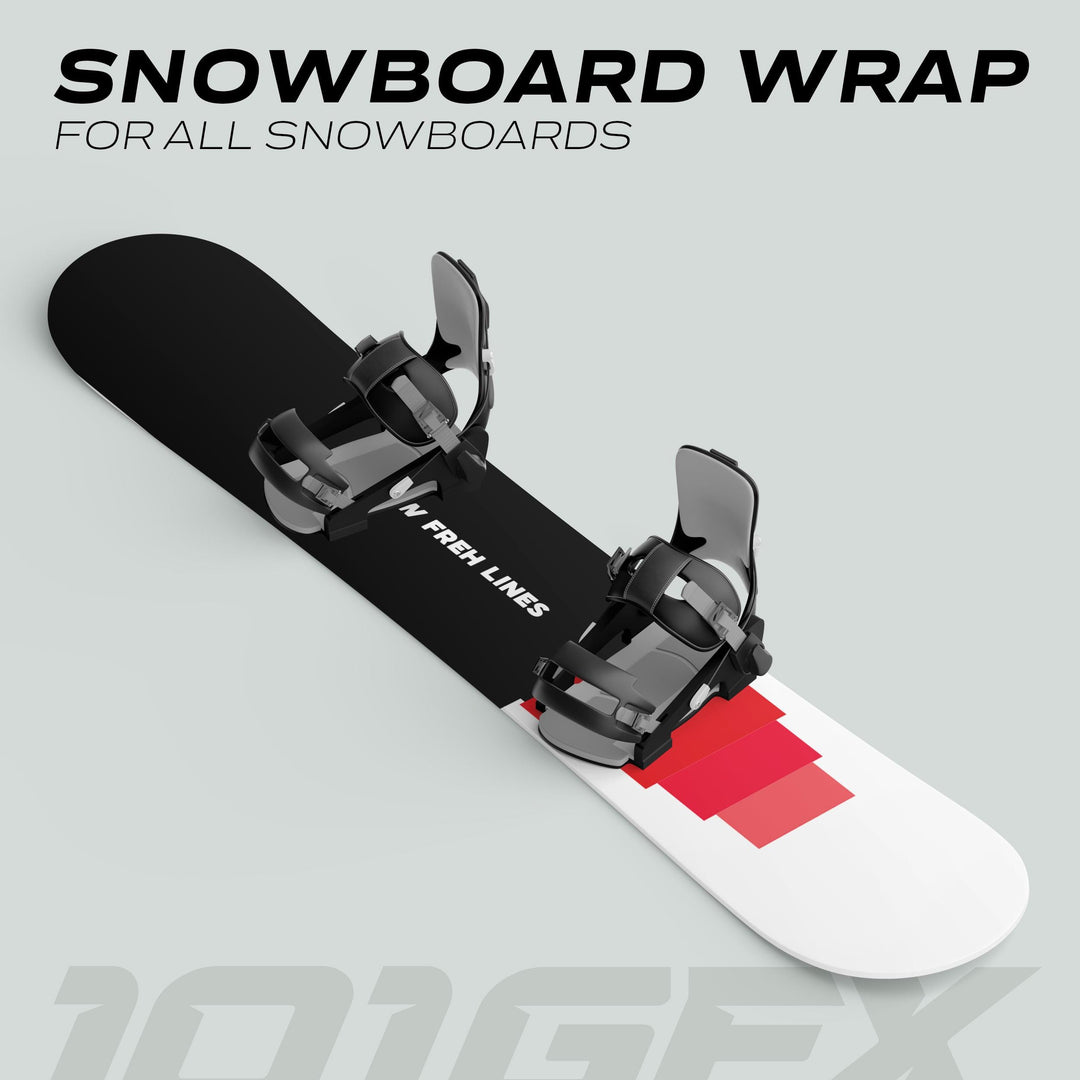 Snowboard Wrap MARKER Snowboard sticker skin decals featuring a two-tone design with red accents and bindings, highlighting customization and protection for snowboarders.