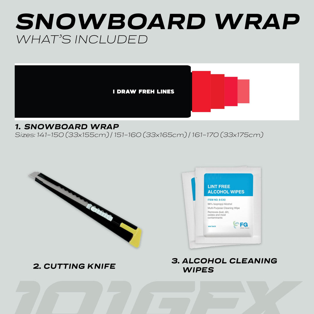 Snowboard Wrap MARKER includes vinyl wrap, utility knife, and alcohol wipes, enhancing personalization and protection for your snowboard in various lengths.