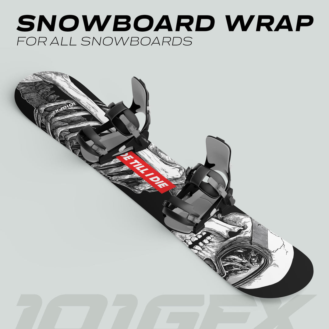 Snowboard Wrap RIDE TILL DIE features a skull motif with mountain reflection, a red “BE TILL I DIE” banner, enhancing style and protection.