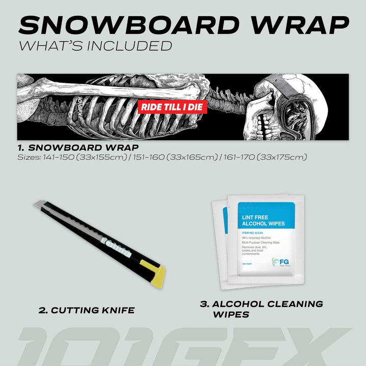 Snowboard Wrap RIDE TILL DIE kit with skeleton design, includes three size options, cutting knife, and alcohol wipes for easy application.