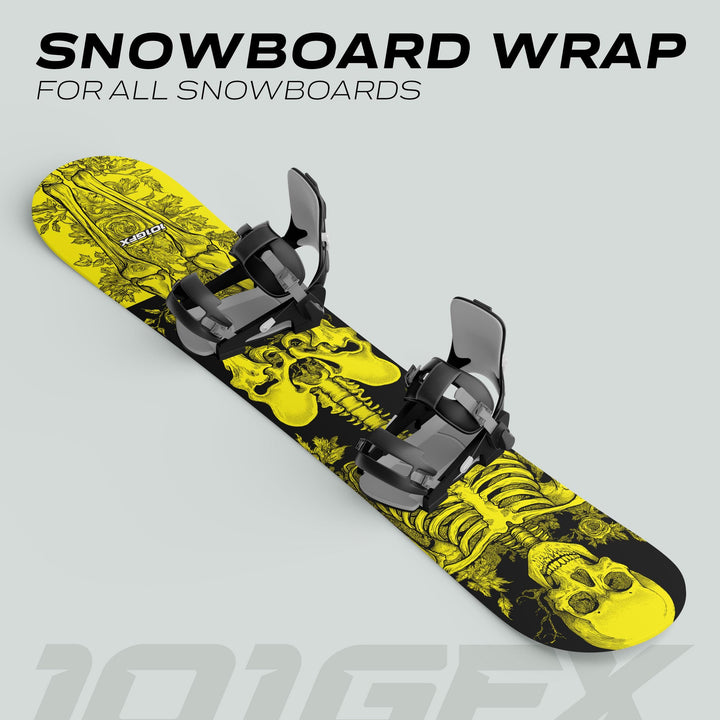 3-D render of the Snowboard Wrap RIDER FOREVER YELLOW featuring a vibrant yellow skeleton graphic on black, fitted with grey bindings, against a neutral background.