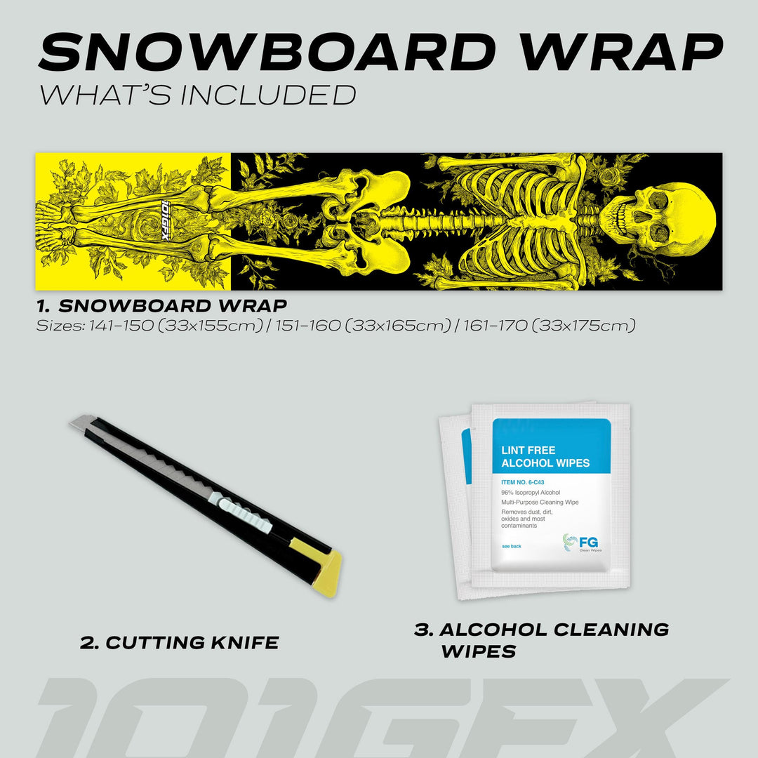 Snowboard Wrap RIDER FOREVER YELLOW kit includes a yellow skeleton graphic decal, utility blade, and cleaning wipes for easy application and protection.