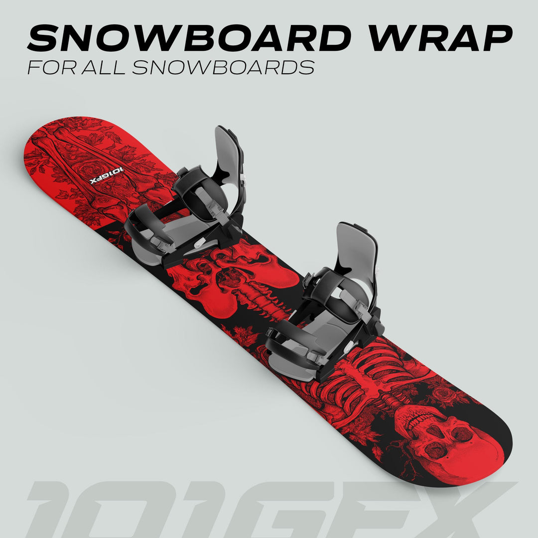 Snowboard Wrap RIDER FOREVER RED featuring a skull and ribcage motif on a black background, designed for style and protection on various snowboard shapes.