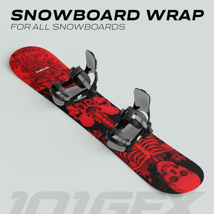 Snowboard Wrap RIDER FOREVER RED featuring a skull and ribcage motif on a black background, designed for style and protection on various snowboard shapes.