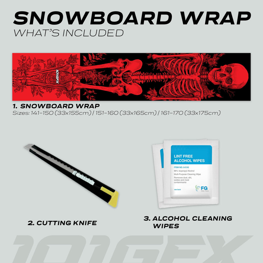 Snowboard Wrap RIDER FOREVER RED kit, showcasing a red skeleton design wrap, utility knife, and cleaning wipes for easy snowboard customization and protection.