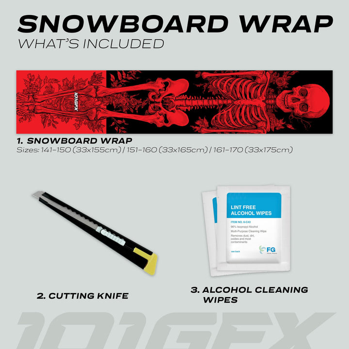 Snowboard Wrap RIDER FOREVER RED kit, showcasing a red skeleton design wrap, utility knife, and cleaning wipes for easy snowboard customization and protection.