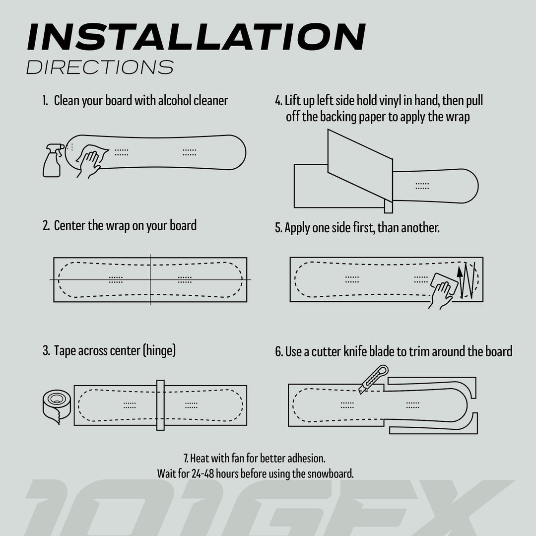Installation sheet for Snowboard Wrap RIDER FOREVER YELLOW: step-by-step guide for cleaning, centering, taping, applying, trimming, and heating the snowboard wrap.