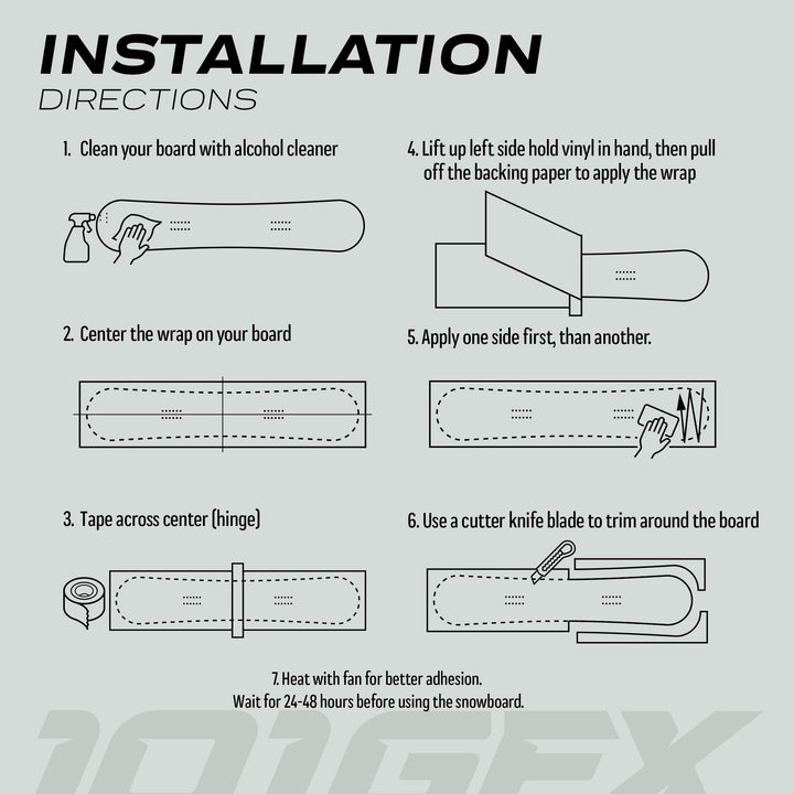 Installation poster showing seven steps to apply the Snowboard Wrap RIDER FOREVER RED, including cleaning, centering, adhering, smoothing, trimming, and heating for optimal snowboard protection.
