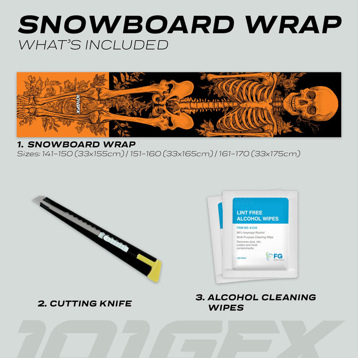 Snowboard Wrap RIDER FOREVER ORANGE kit includes skeleton design wrap, retractable knife, and cleaning wipes, available in three sizes for easy customization.