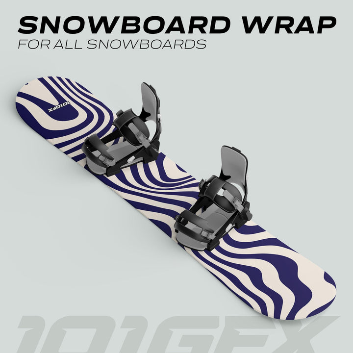 Snowboard Wrap WAVY WHITE NAVY displayed on a board with bindings, showcasing a stylish wavy stripe pattern for a custom, protective design.