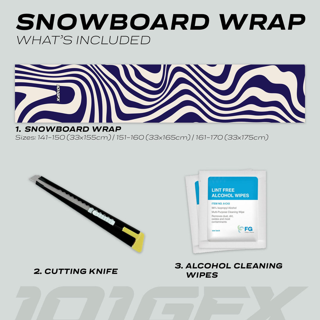 Snowboard Wrap WAVY WHITE NAVY kit includes a vinyl wrap, utility knife, and cleaning wipes for easy application and a weather-resistant, stylish snowboard upgrade.