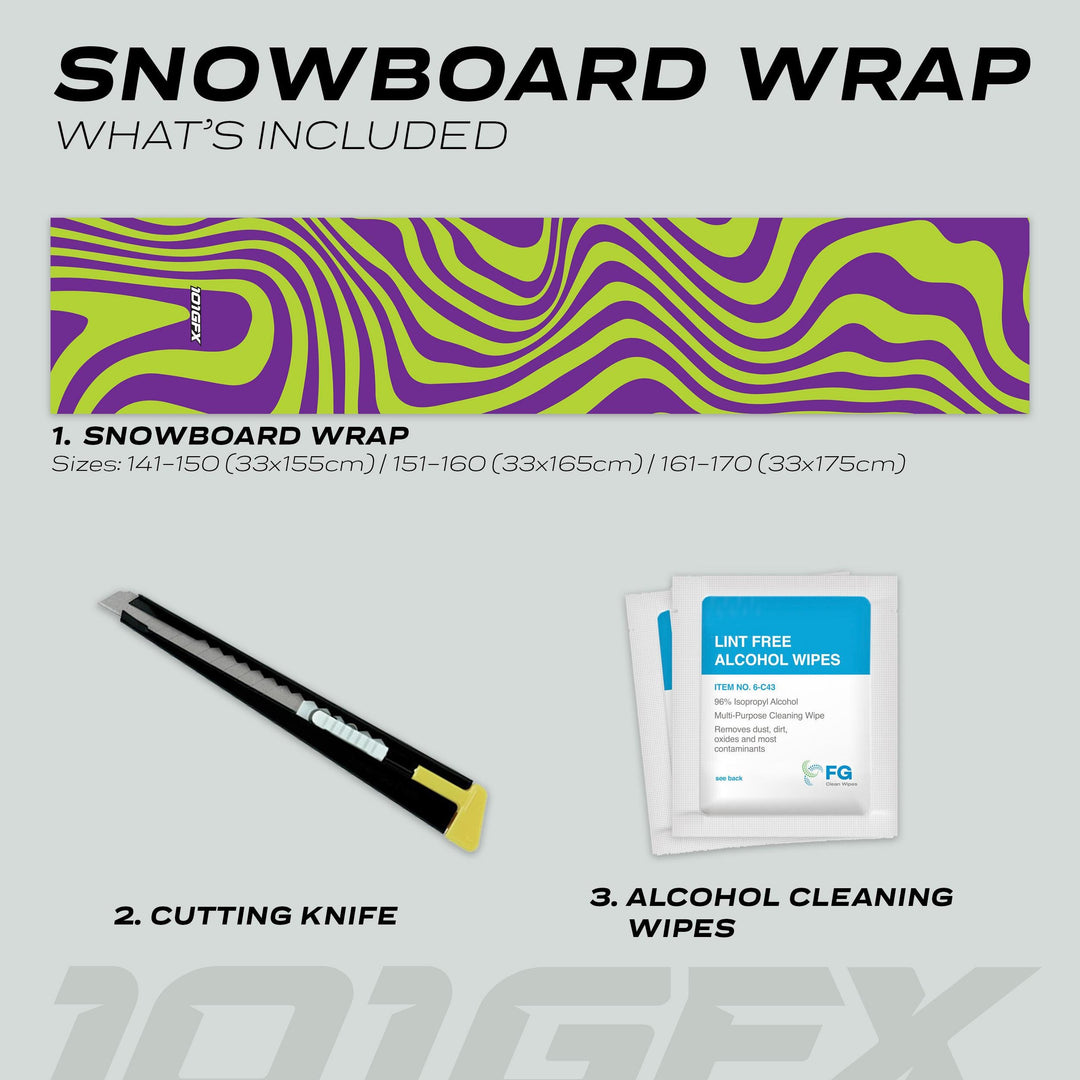 Snowboard Wrap WAVY GREEN PURPLE kit with wrap, retractable cutting knife, and cleaning wipes for customizing and protecting your snowboard.