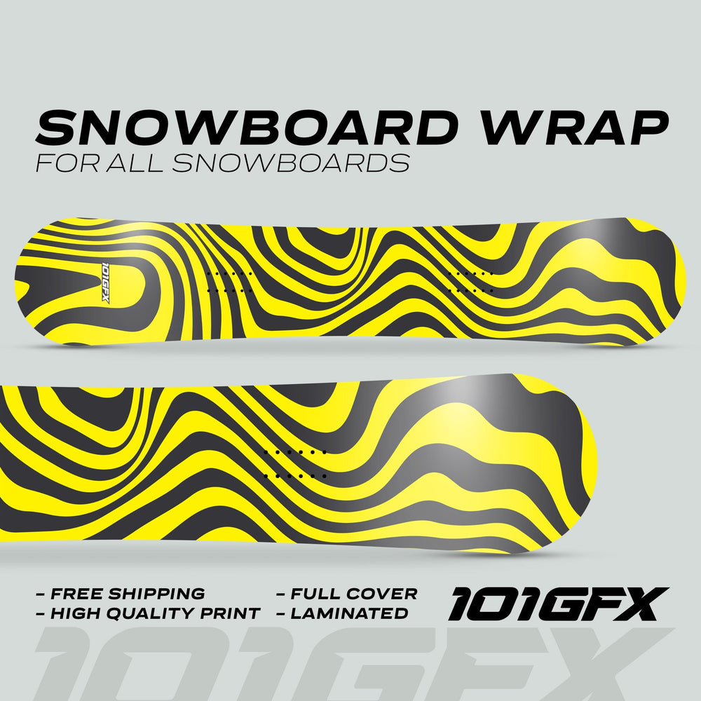 Snowboard Wrap WAVY BLACK YELLOW on two snowboards with bold text highlighting features: “Free Shipping”, “High Quality Print”, “Full Cover”, “Laminated”, logo “101GFX”.