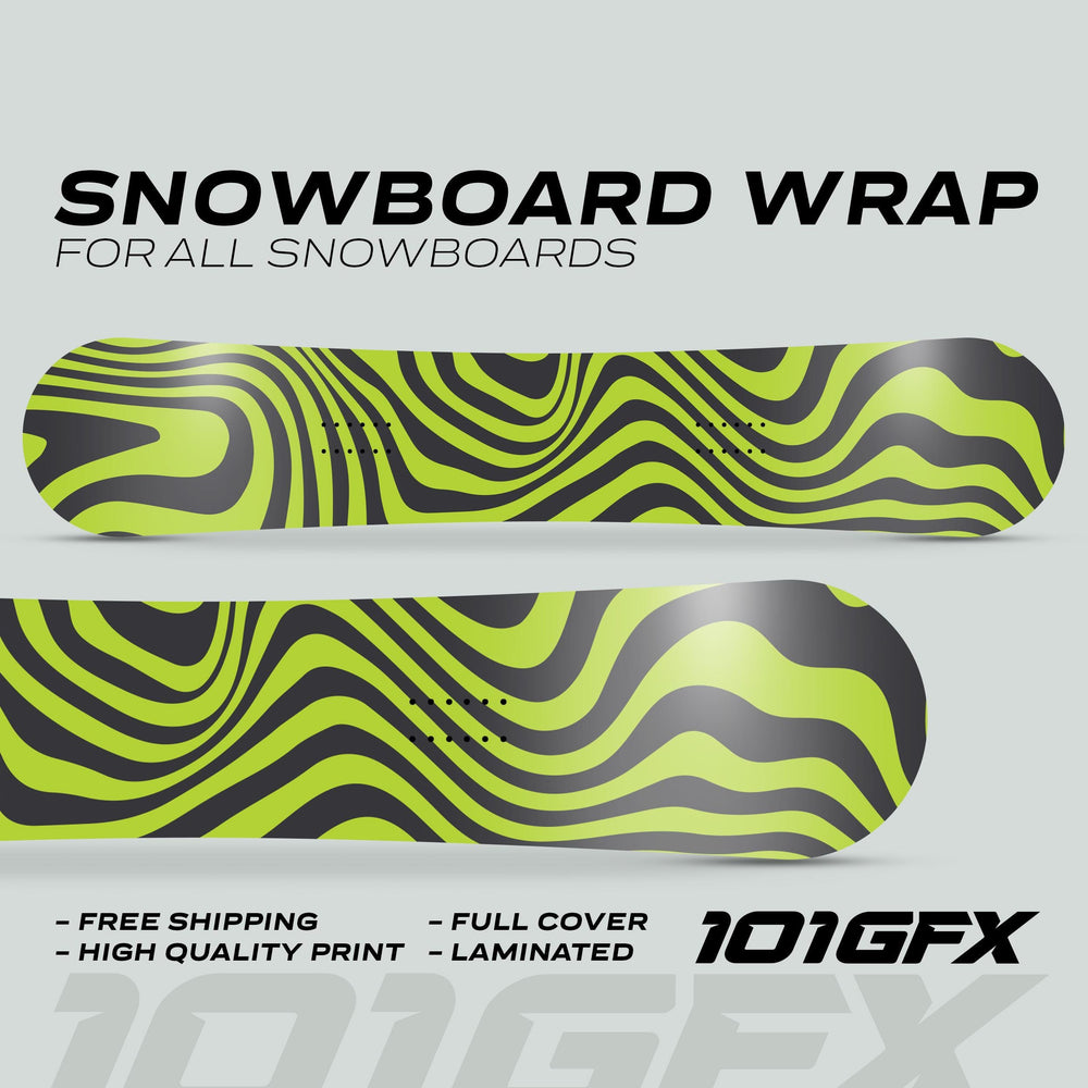 Two snowboard outlines with neon green and charcoal wavy design, highlighting the Snowboard Wrap WAVY BLACK GREEN. Features: full cover, high-quality print, laminated, free shipping.