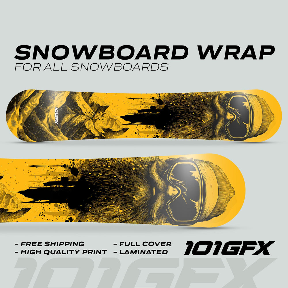 Snowboard Wrap SNOWER YELLOW: Two decks with yellow-and-black mountain graphics, bearded face design, promoting full coverage, high-quality, laminated snowboard decals by 101GFX.