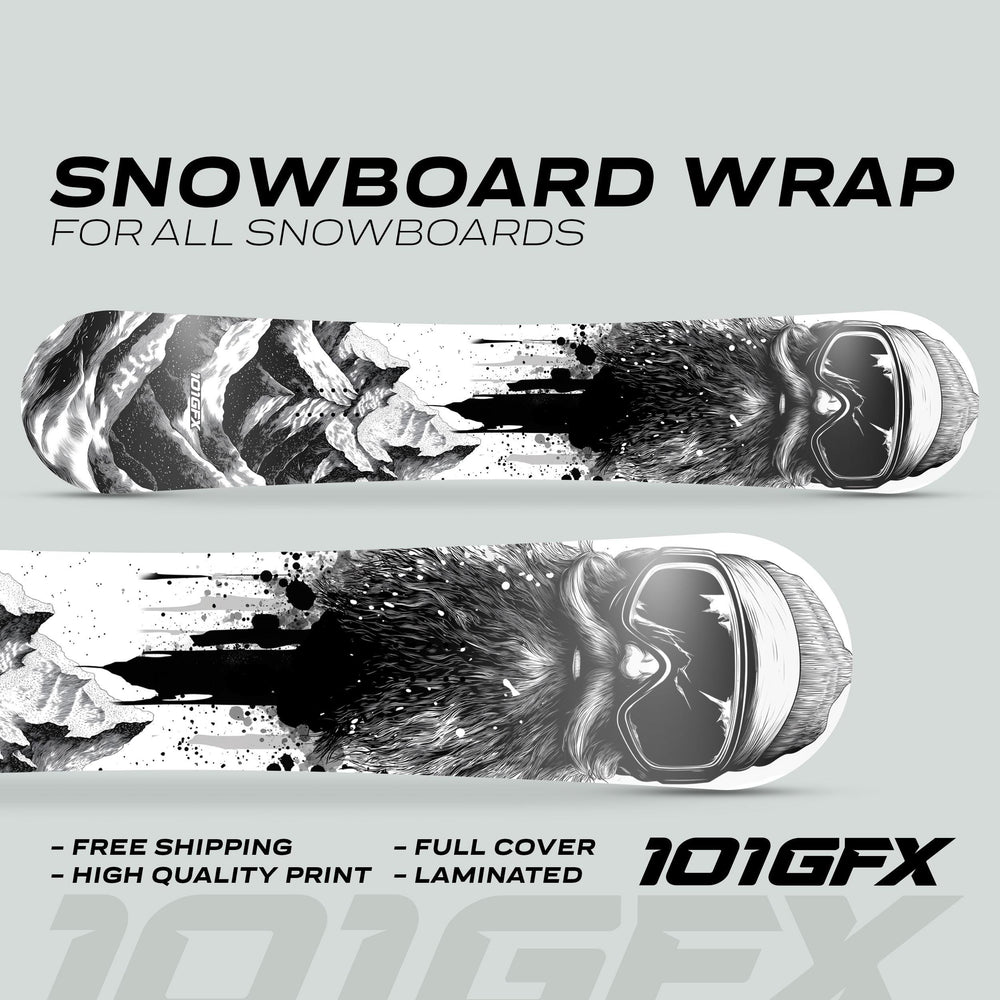 Snowboard Wrap SNOWER WHITE BLACK: Two snowboards with a high-contrast design of mountains and a bearded face, highlighting customization and durability features.