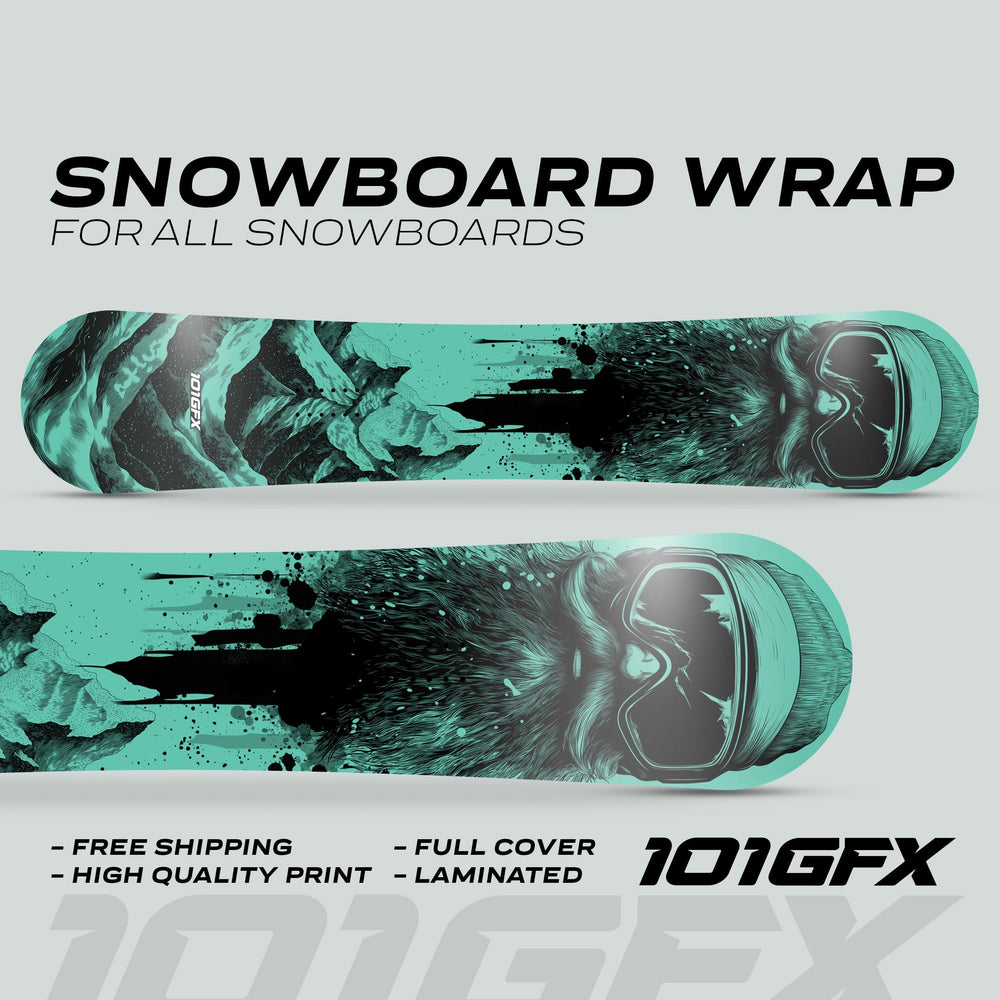 SNOWER MINT Snowboard Wrap by 101GFX featuring mountain peaks and a mythical creature in goggles, highlighting durability, full coverage, and easy application.
