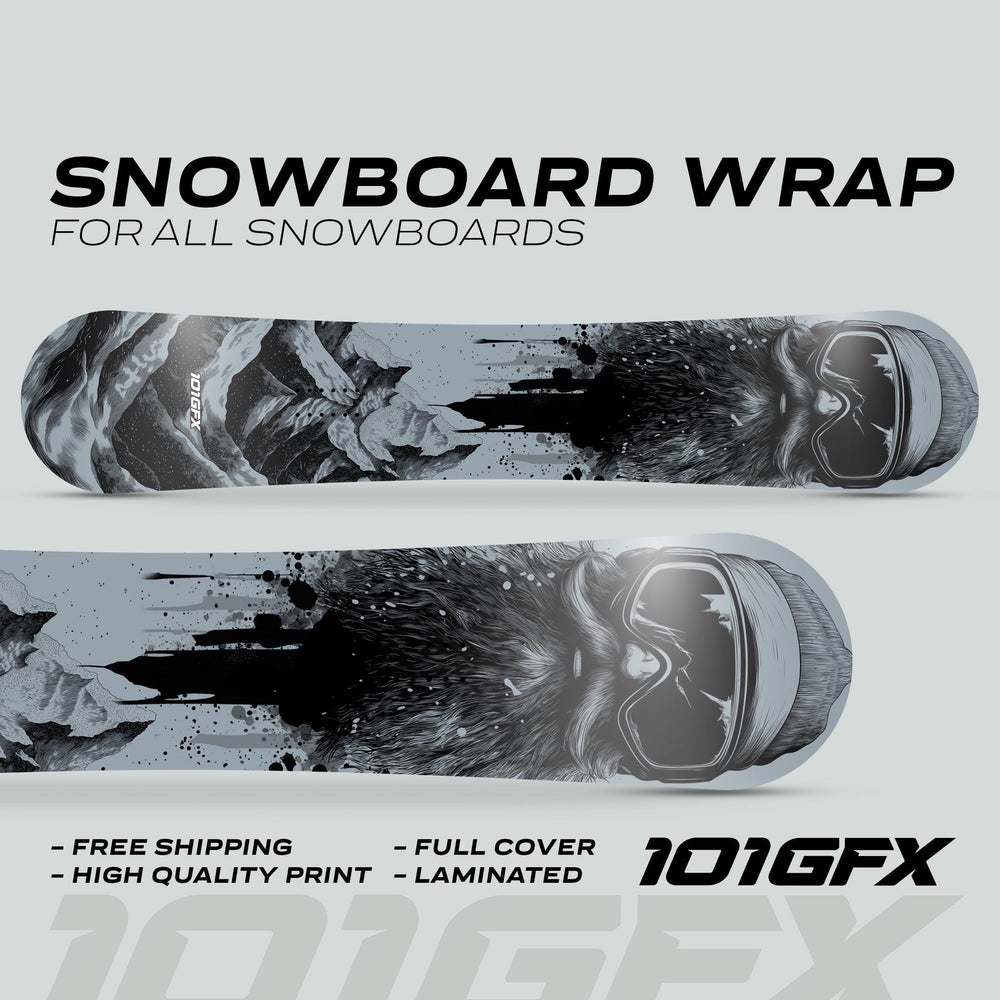 Snowboard Wrap SNOWER GREY graphics on two boards with mountain-to-bearded-face design, featuring “Free Shipping,” “High Quality Print,” and “Laminated” details.
