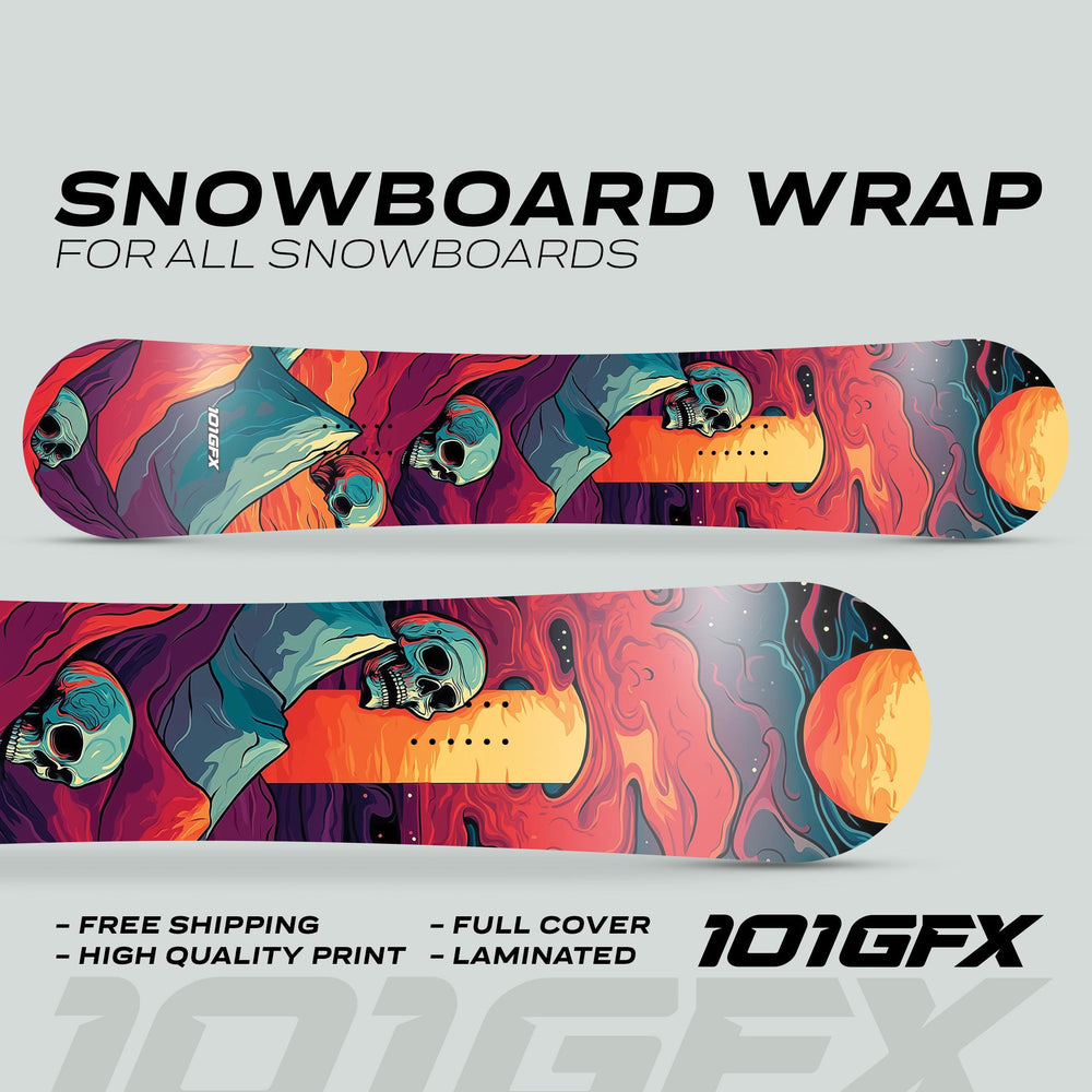 Snowboard Wrap MOUNTAIN SKULLS features psychedelic graphics with skulls and glowing orb, offering full coverage, durability, and protection for custom snowboards.