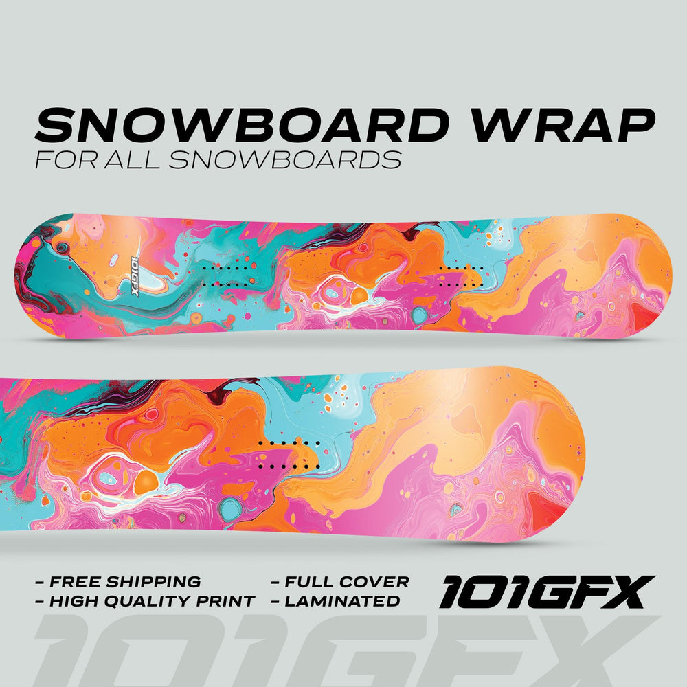 Snowboard Wrap FLUID PINKY: Custom vinyl wrap showcasing vibrant fluid-art design on two boards, highlighting features like free shipping, high-quality print, and full cover.