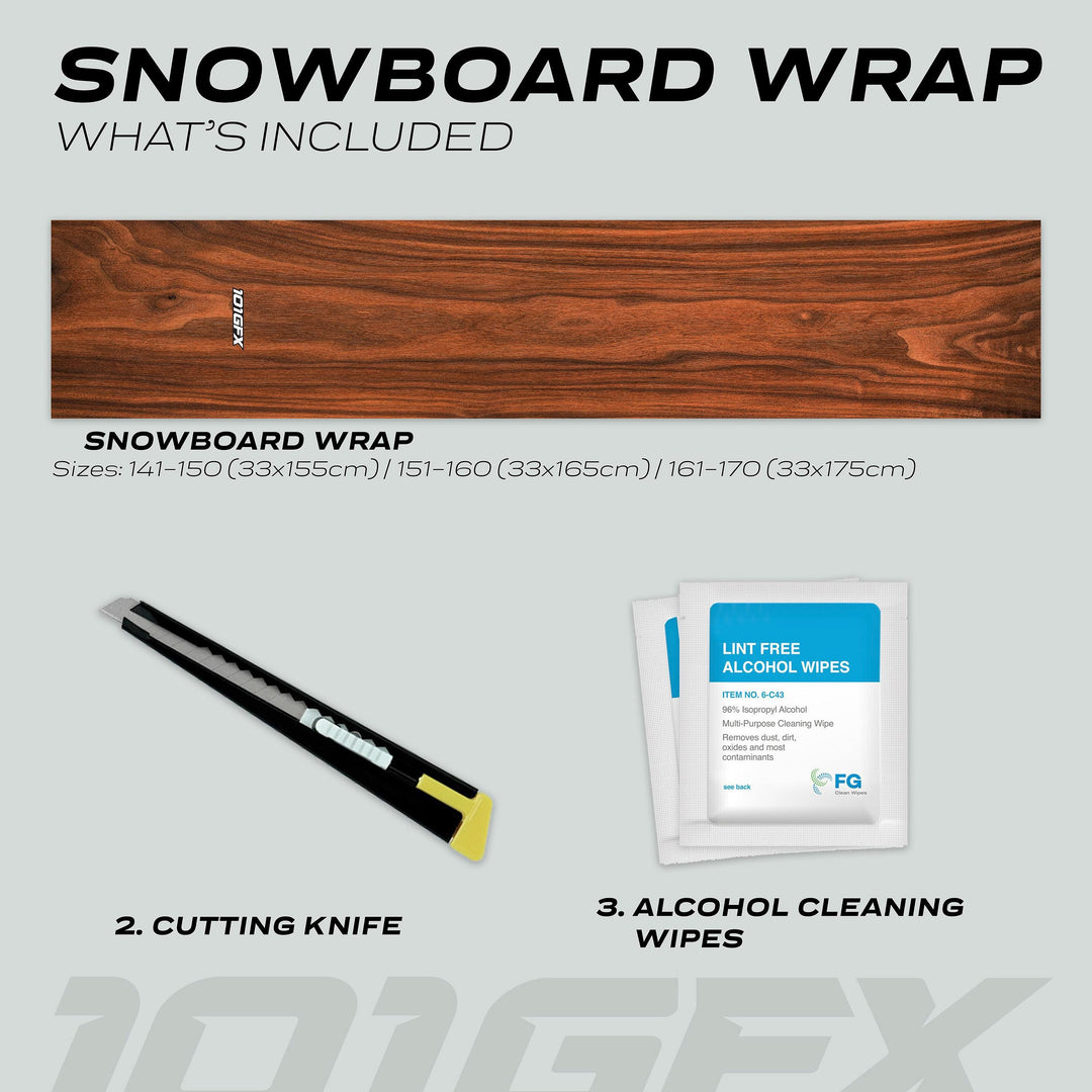 Snowboard Wrap WOOD WALNUT kit with wood-grain graphic in three sizes, utility blade for trimming, and alcohol wipes for surface preparation.