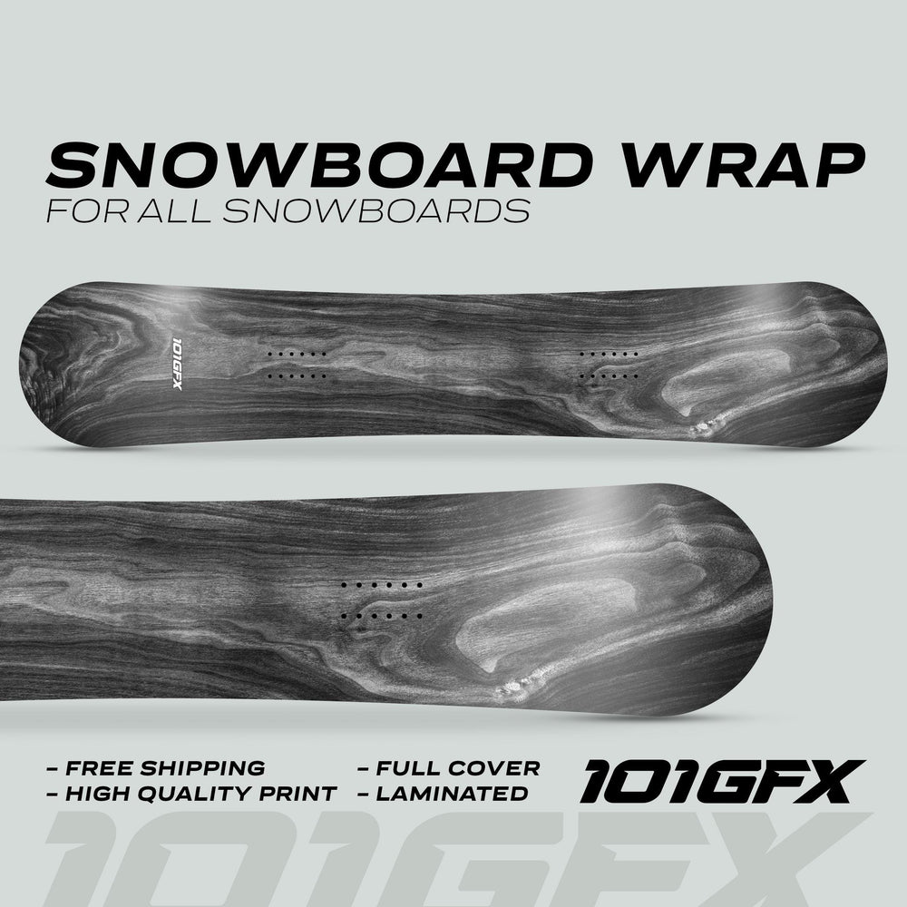 Two snowboards display the Snowboard Wrap WOOD PLANK GREY design, showcasing edge-to-edge dark wood grain graphics, emphasizing customization and protection for enthusiasts.