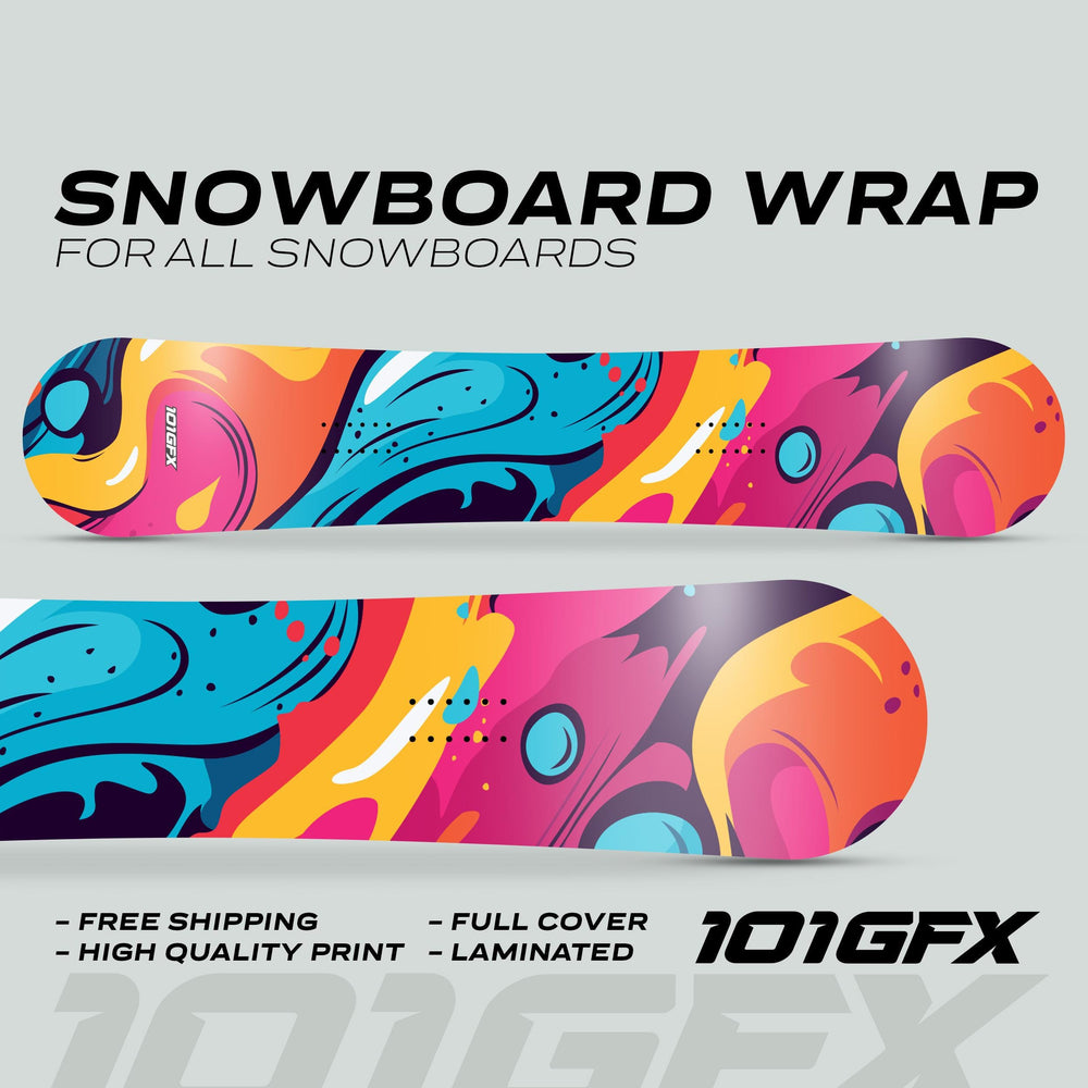 Snowboard Wrap STREET STORM showcasing vibrant abstract patterns on a flat snowboard, highlighting features: free shipping, high-quality print, full cover, laminated, by 101GFX.