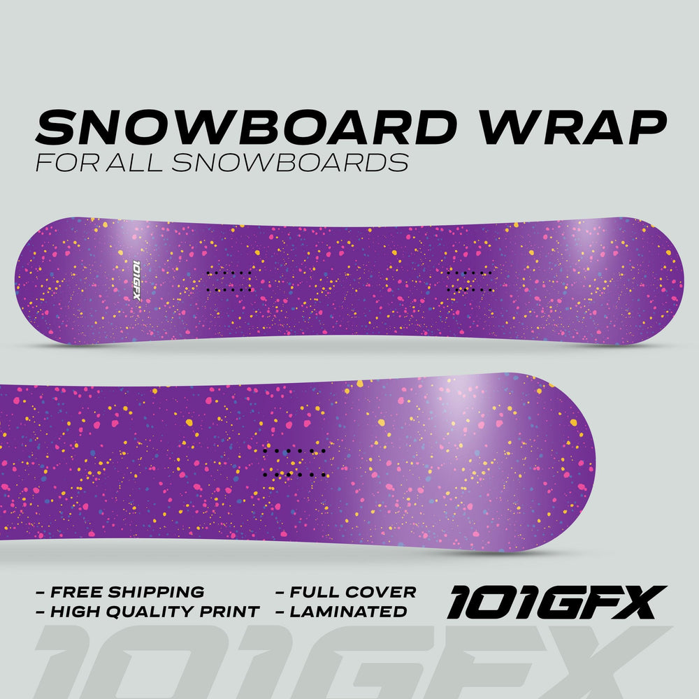 Snowboard Wrap SPLATS PURPLE showing vibrant splatter design, promoting full coverage and durability with free shipping and high-quality print.