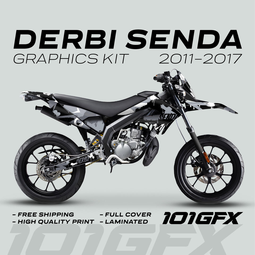 Derbi Senda Graphics Kit X-Treme 2011-2017 SPLASH GREY WHITE on bike, showcasing black-and-white splatter decals, free shipping, full coverage, high-quality print, laminated finish.
