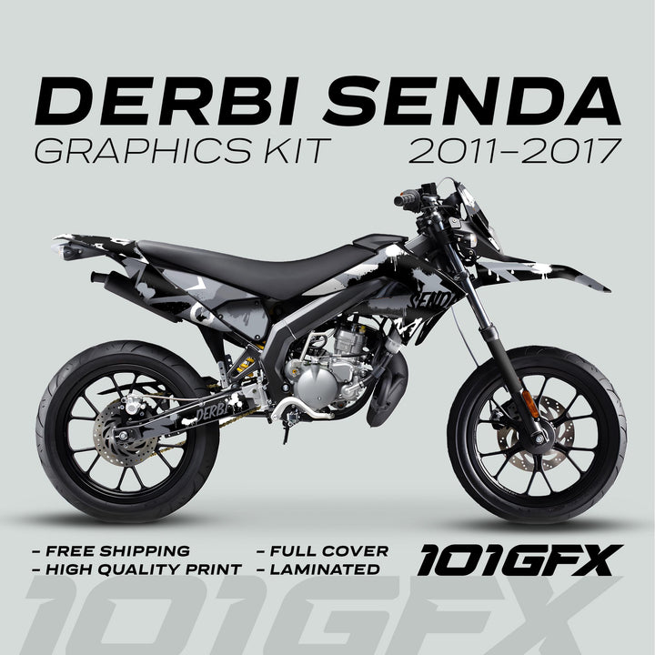 Derbi Senda Graphics Kit X-Treme 2011-2017 SPLASH GREY WHITE on bike, showcasing black-and-white splatter decals, free shipping, full coverage, high-quality print, laminated finish.