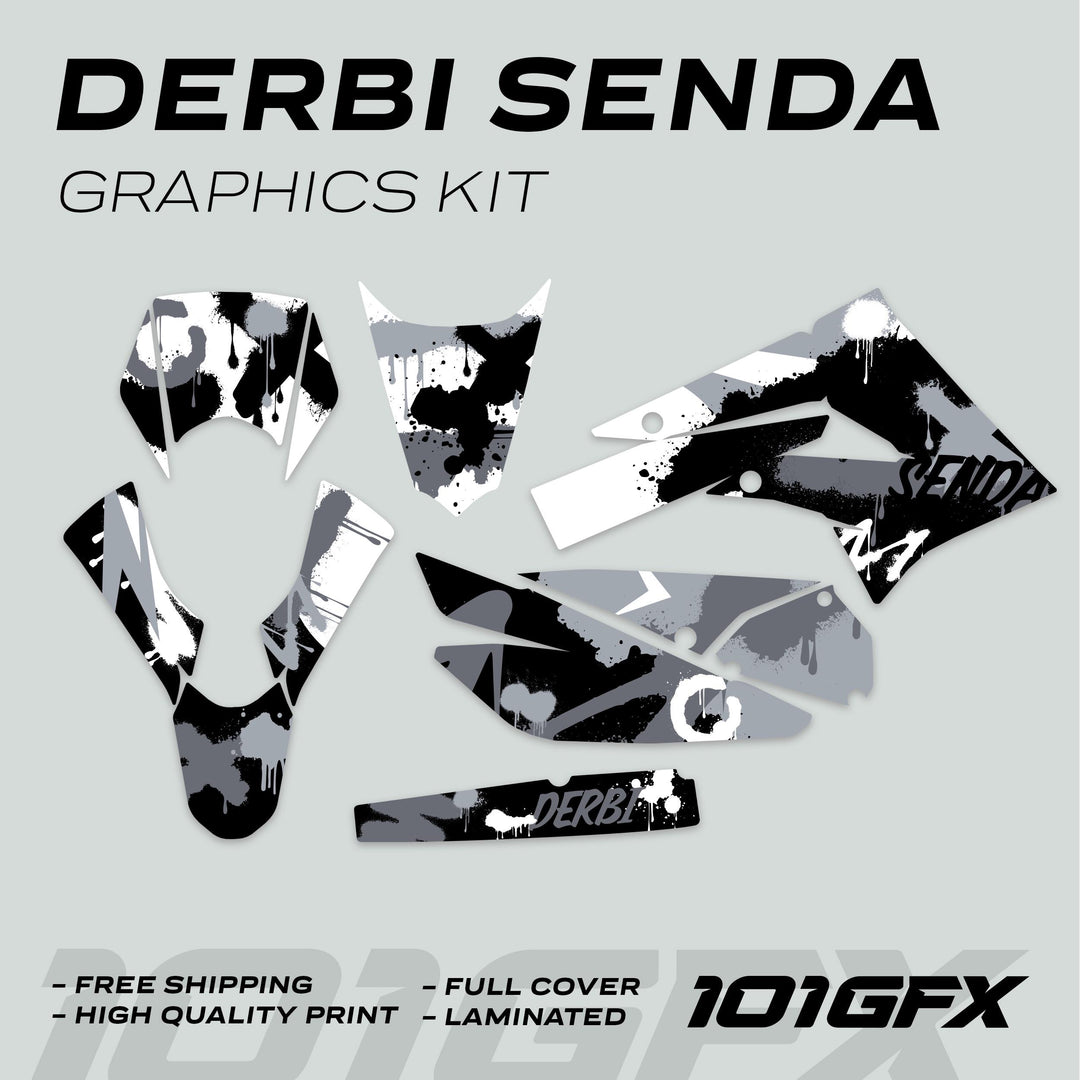 Derbi Senda Graphics Kit X-Treme 2011-2017 SPLASH GREY WHITE decals laid out, showcasing full-cover design with free shipping, high-quality print, and durability.
