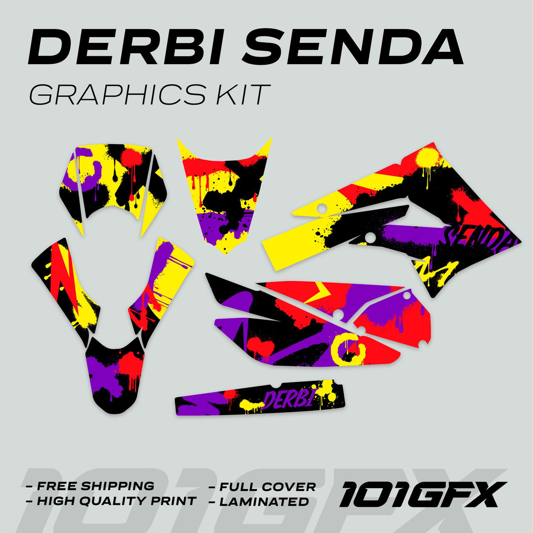 Derbi Senda Graphics Kit X-Treme 2011-2017 SPLASH PURPLE RED, featuring bold splatter-paint decals for front fender, side panels, and more, with features highlighted.