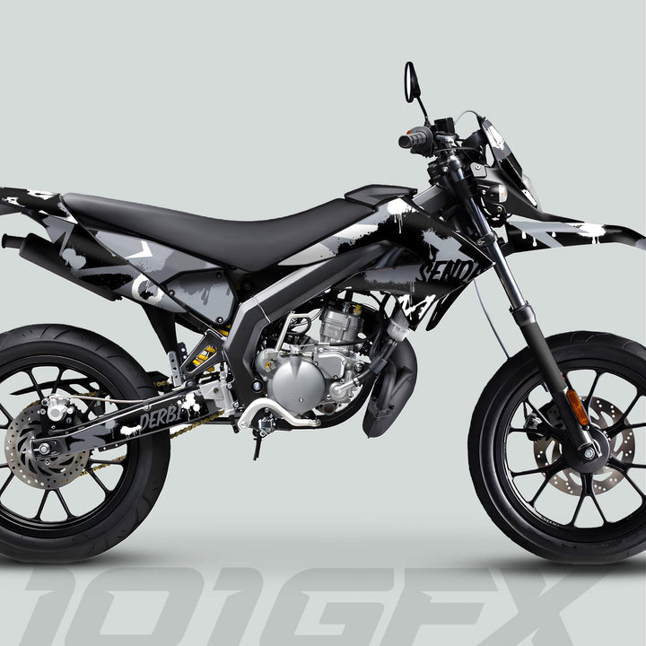Derbi Senda Graphics Kit X-Treme 2011-2017 SPLASH GREY WHITE on a supermoto motorcycle, showcasing its durable, stylish decals with DERBI and SENDA logos.