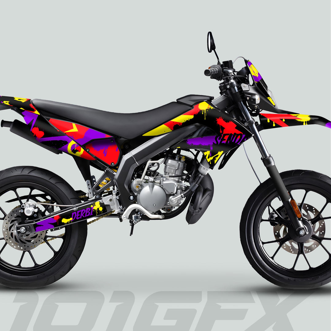 Derbi Senda Graphics Kit X-Treme 2011-2017 SPLASH PURPLE RED enhances a supermoto dirt bike with graffiti-inspired wrap, street wheels, and bold styling.